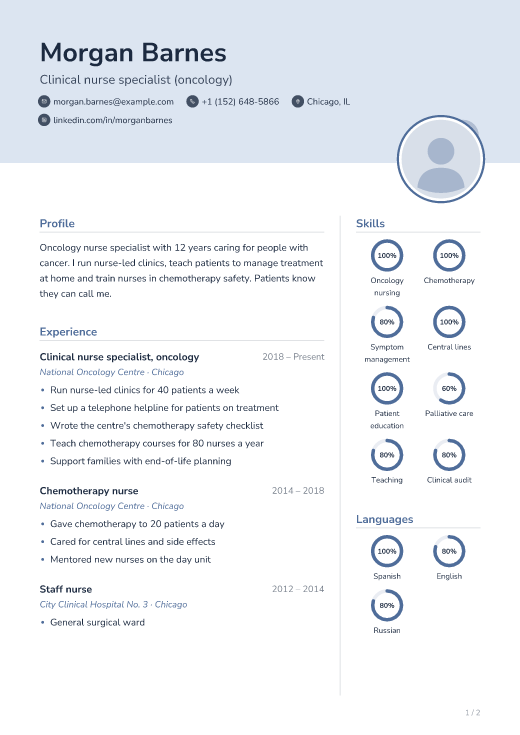 Clinical nurse specialist (oncology) resume template, Dusty Blue design, 2 pages