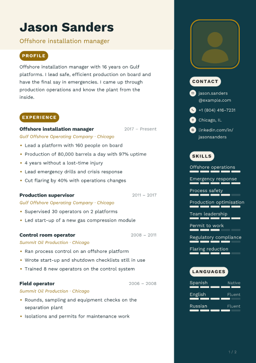 Offshore installation manager resume template, Harbour Gold design, 2 pages