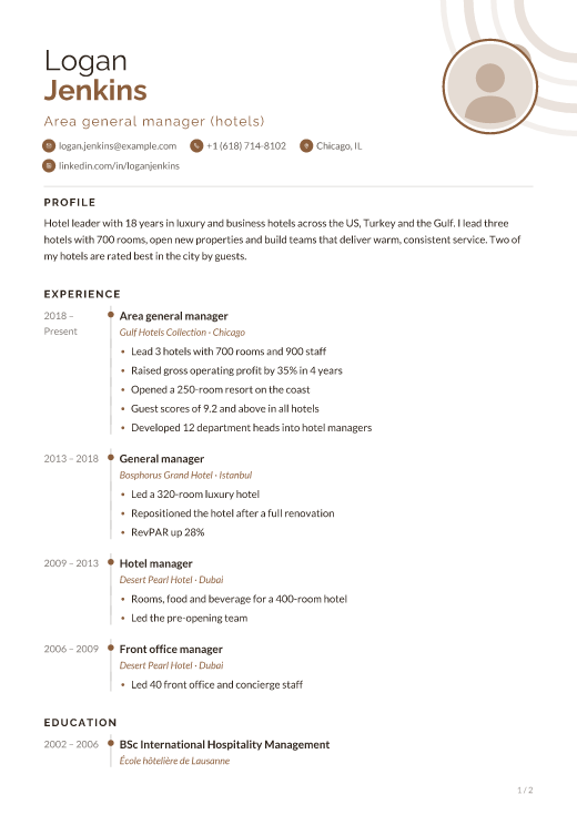 Area general manager (hotels) resume template, Mocha Line design, 2 pages