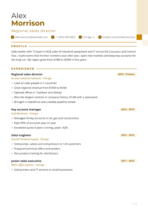 Regional sales director resume template, Mustard Bold design, 2 pages