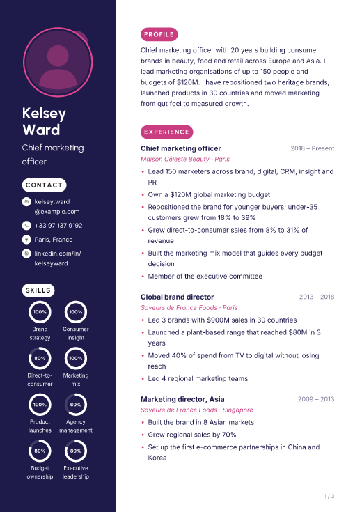 Chief marketing officer resume template, Neon Night design, 3 pages