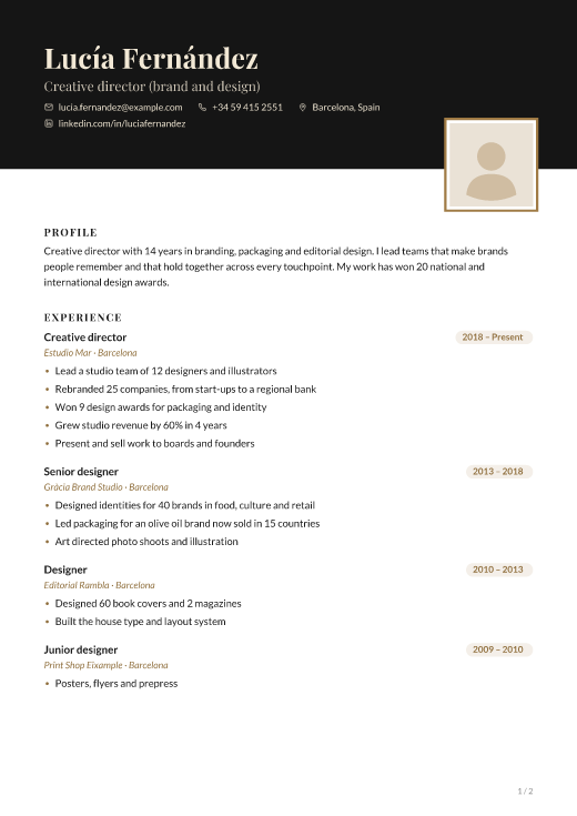 Creative director (brand and design) resume template, Noir Sand design, 2 pages