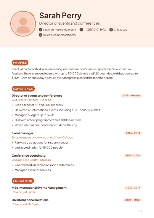 Director of events and conferences resume template, Peach Pop design, 2 pages