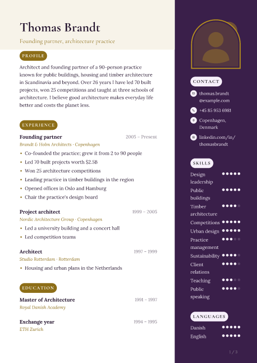 Founding partner, architecture practice resume template, Plum Gold design, 3 pages
