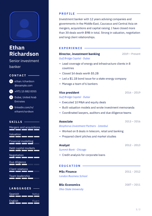 Senior investment banker resume template, Royal Pro design, 2 pages