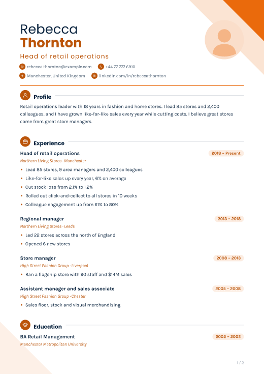 Head of retail operations resume template, Sky Orange design, 2 pages