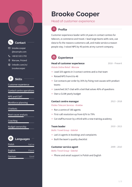 Head of customer experience resume template, Slate Rose design, 2 pages