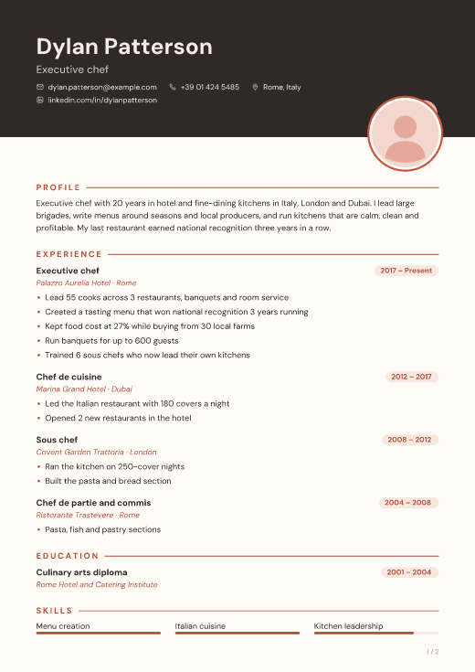 Executive chef resume template, Terracotta design, 2 pages