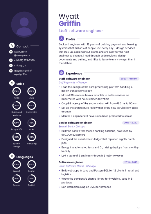 Staff software engineer resume template, Violet Edge design, 2 pages