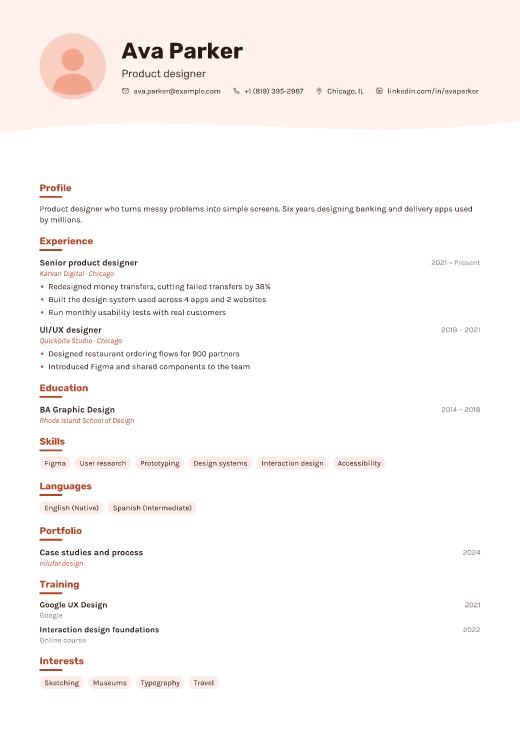 Product designer resume template, Studio design