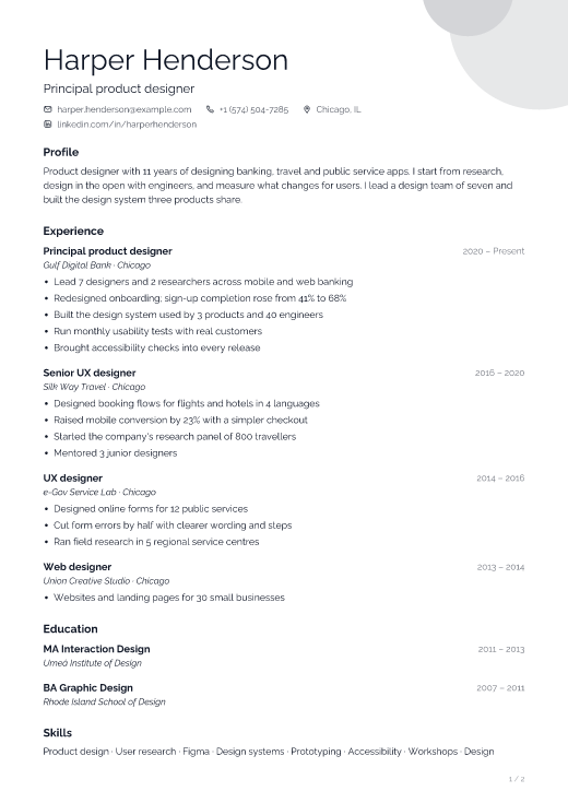 Principal product designer resume template, Gallery design, 2 pages