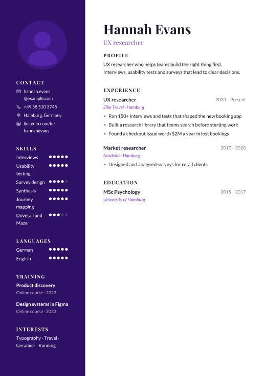 UX researcher resume template, Canvas design