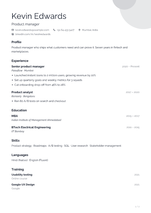 Product manager resume template, Gallery design