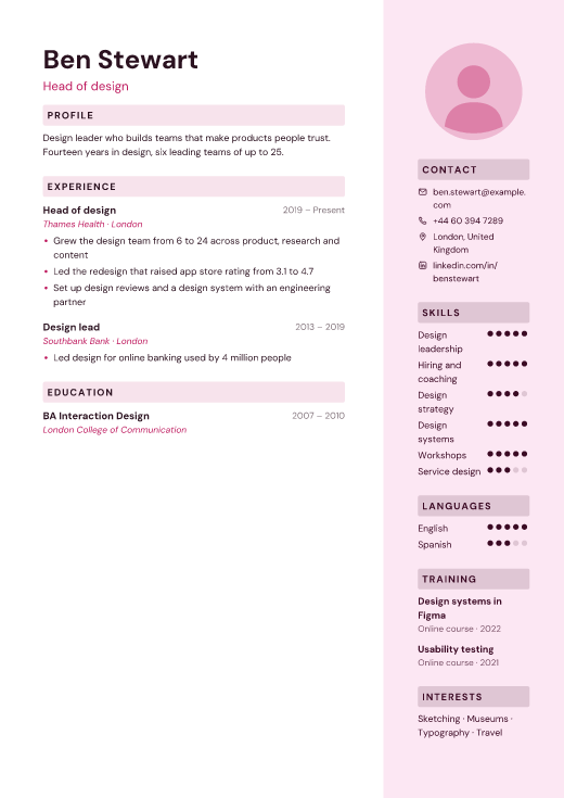 Head of design resume template, Palette design