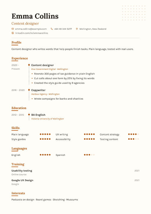Content designer resume template, Sketch design