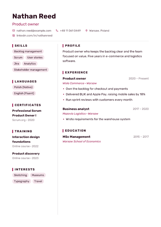 Product owner resume template, Mosaic design