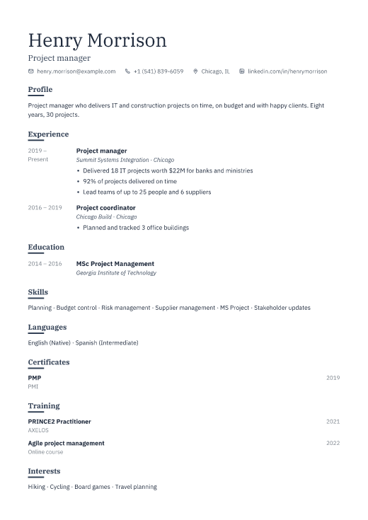 Project manager resume template, Ledger design
