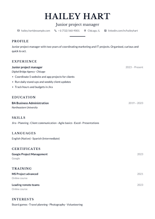 Junior project manager resume template, Counsel design