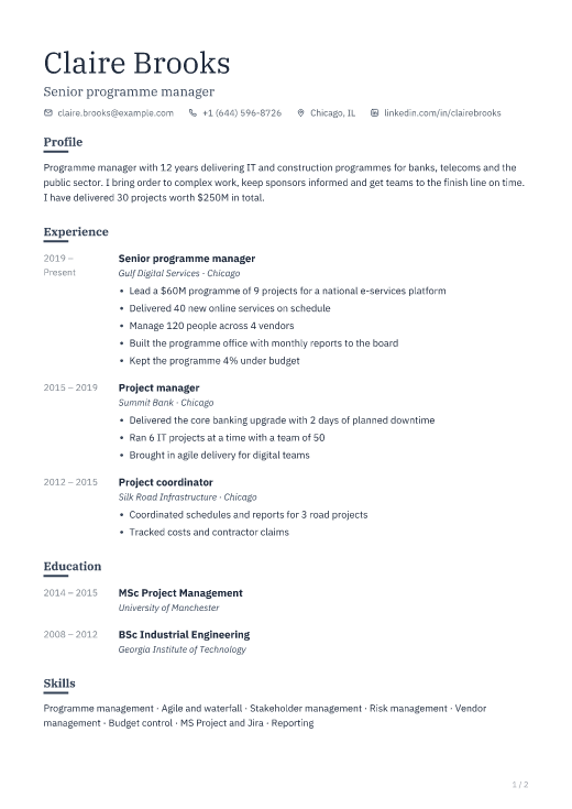 Senior programme manager resume template, Ledger design, 2 pages