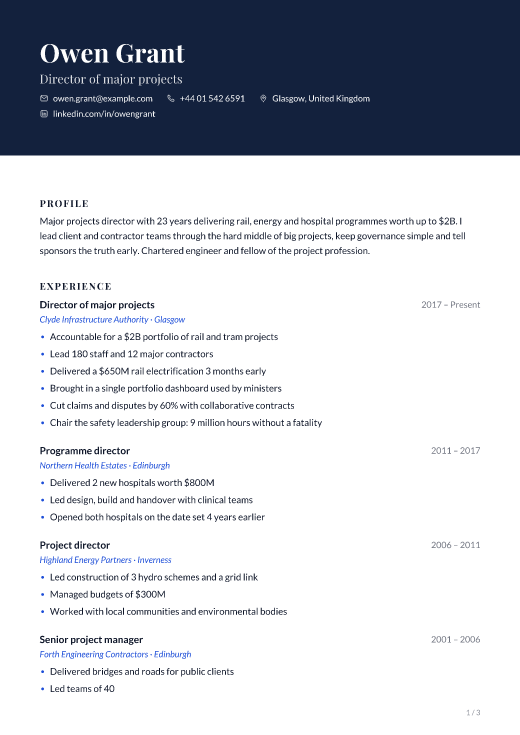 Director of major projects resume template, Embassy design, 3 pages