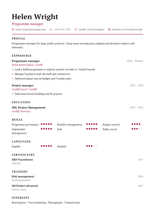 Programme manager resume template, Charter design