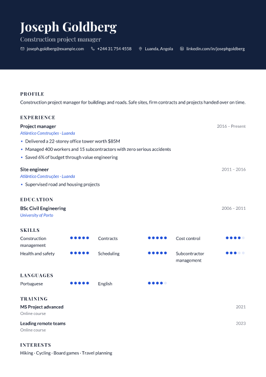 Construction project manager resume template, Embassy design