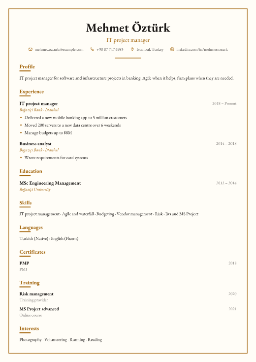 IT project manager resume template, Chambers design