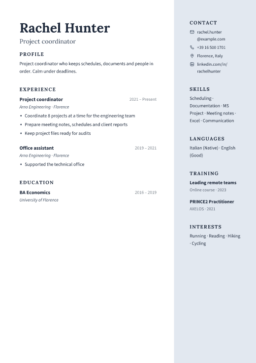 Project coordinator resume template, Atrium design