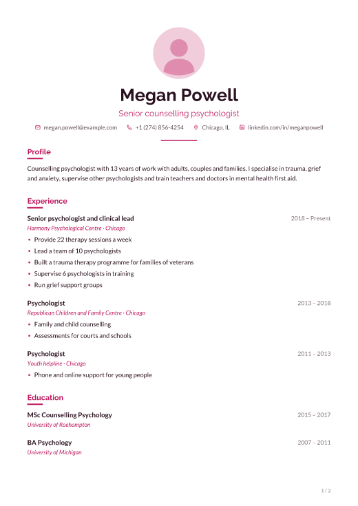 Senior counselling psychologist resume template, Care design, 2 pages
