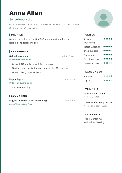 School counsellor resume template, Haven design
