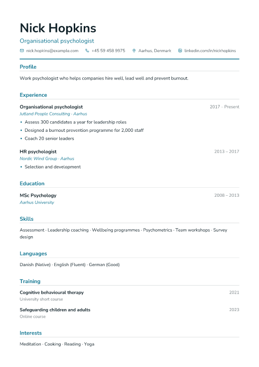 Organisational psychologist resume template, Clinic design