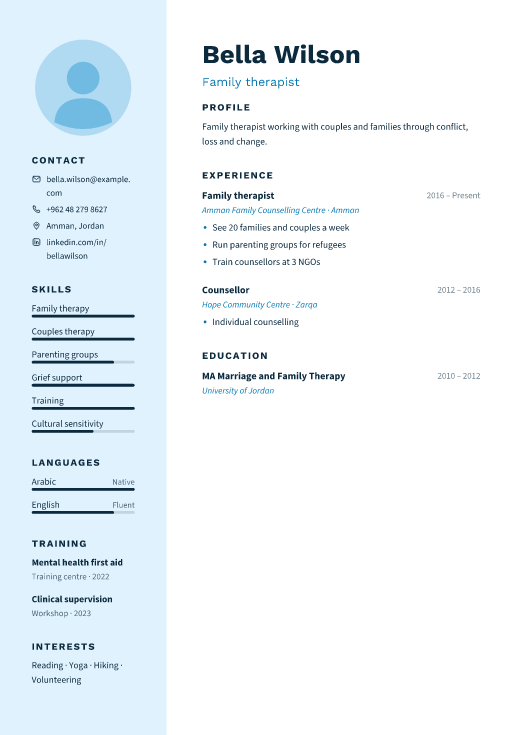 Family therapist resume template, Ward design
