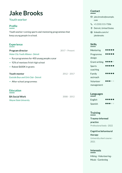 Youth worker resume template, Remedy design