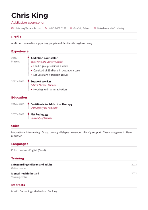 Addiction counsellor resume template, Pulse design