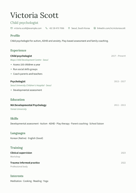 Child psychologist resume template, Calm design