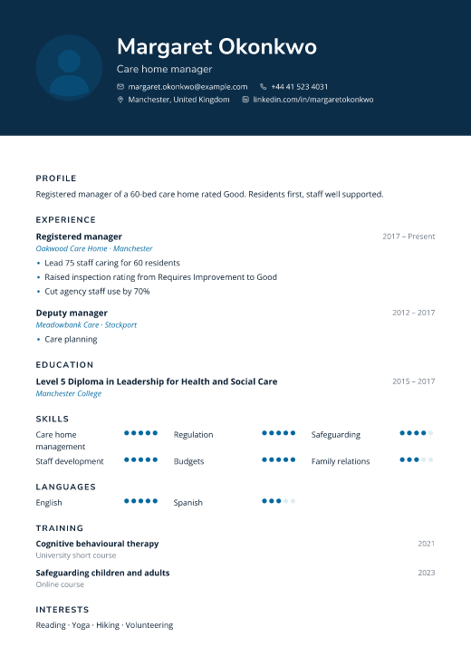 Care home manager resume template, Rounds design