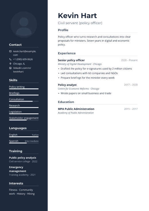 Civil servant (policy officer) resume template, Boardroom design