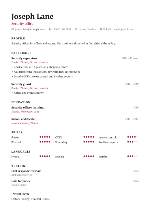 Security officer resume template, Charter design