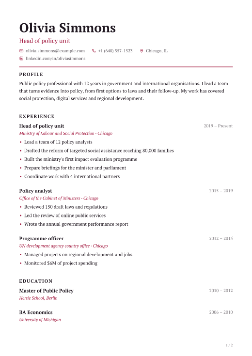 Head of policy unit resume template, Charter design, 2 pages