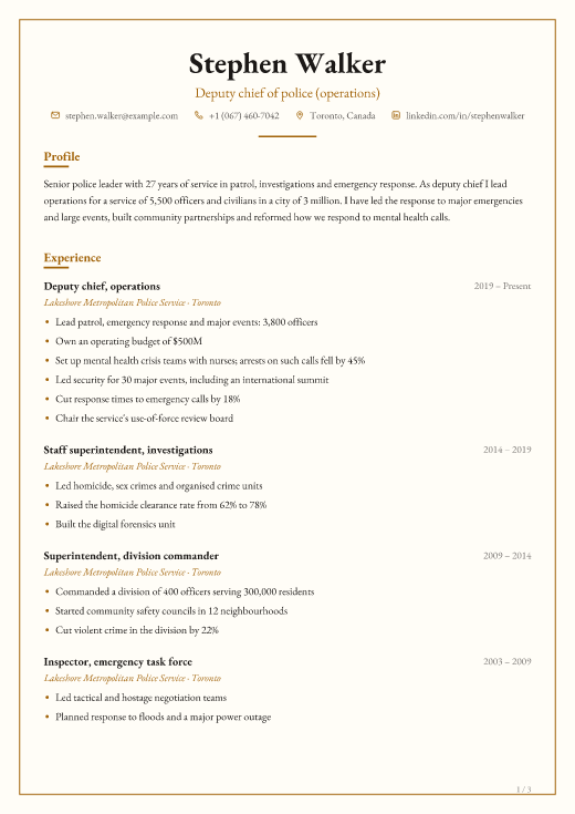 Deputy chief of police (operations) resume template, Chambers design, 3 pages