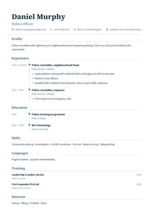 Police officer resume template, Registry design