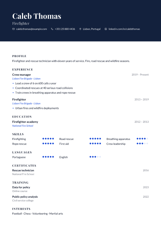 Firefighter resume template, Embassy design