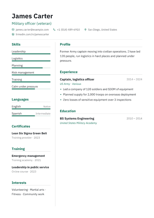 Military officer (veteran) resume template, Treasury design