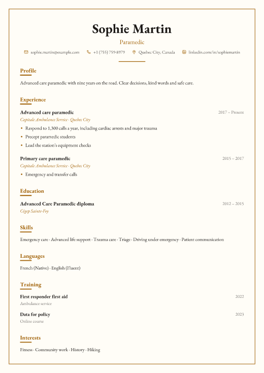 Paramedic resume template, Chambers design
