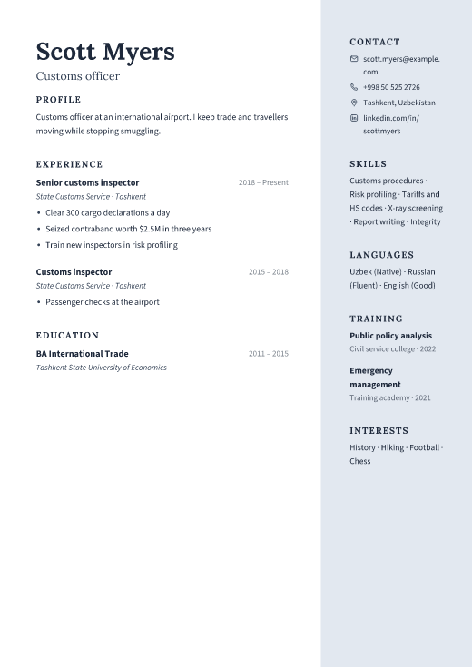 Customs officer resume template, Atrium design