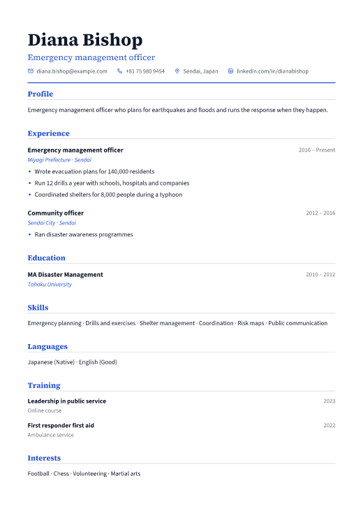 Emergency management officer resume template, Classic design