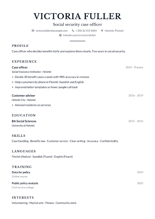 Social security case officer resume template, Counsel design