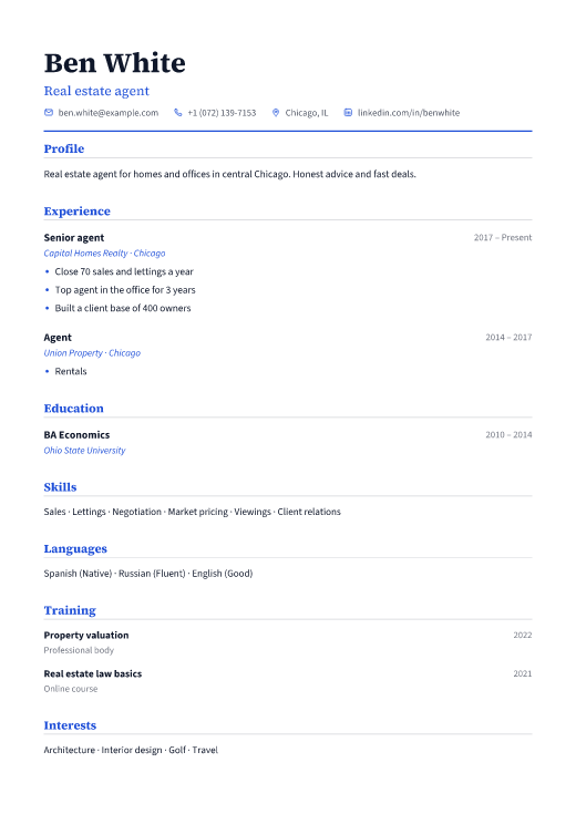 Real estate agent resume template, Classic design