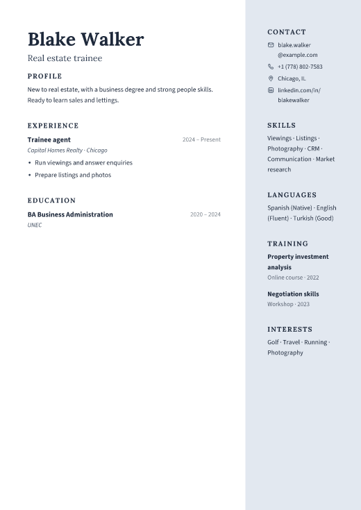 Real estate trainee resume template, Atrium design