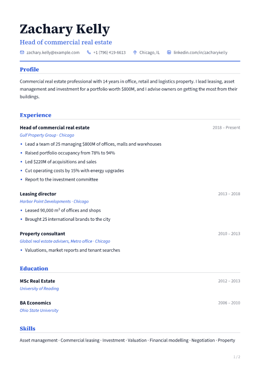 Head of commercial real estate resume template, Classic design, 2 pages